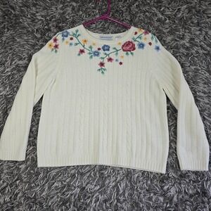 Alfred Dunner Sweater Womens Petite Large Ivory Floral Embroidered Cable Knit